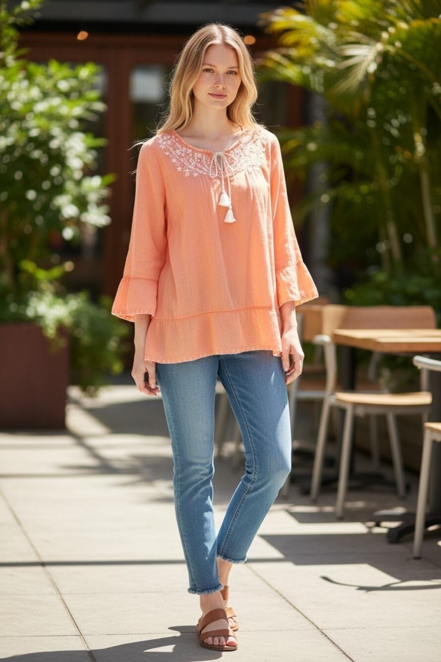 NTCO Nomadic Traders Womens Small Coral Embroidered Peasant Boho Tunic Top